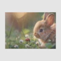 Cute bunny rabbit and a ladybug on the green field