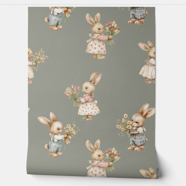 Cute Bunny Rabbit and Flowers Wallpaper (Unrolling)