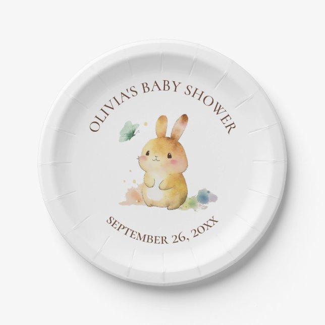 Cute Bunny Rabbit Baby Shower Neutral Personalised Paper Plate (Front)