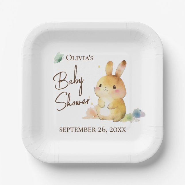 Cute Bunny Rabbit Baby Shower Neutral Personalised Paper Plate (Front)
