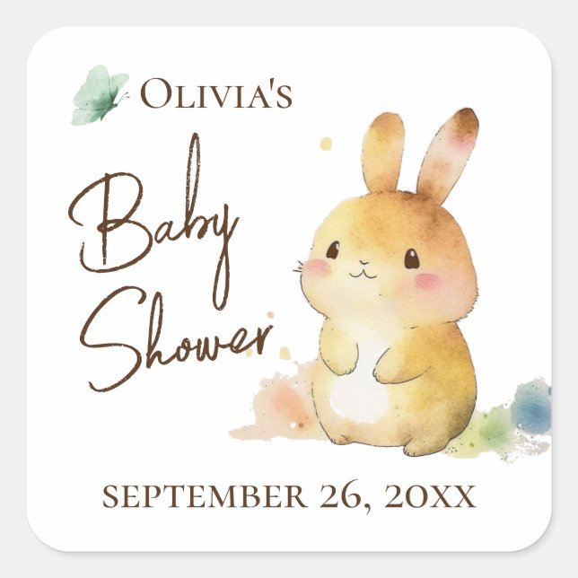 Cute Bunny Rabbit Baby Shower Personalised Square Sticker (Front)