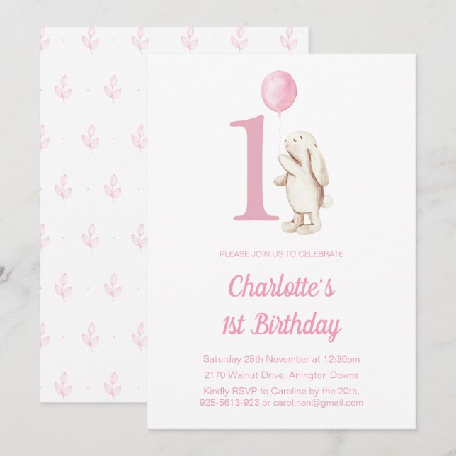 Cute Bunny Rabbit & Balloon Pink 1st Birthday Invitation (Front/Back)