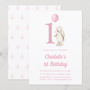Cute Bunny Rabbit & Balloon Pink 1st Birthday Invitation
