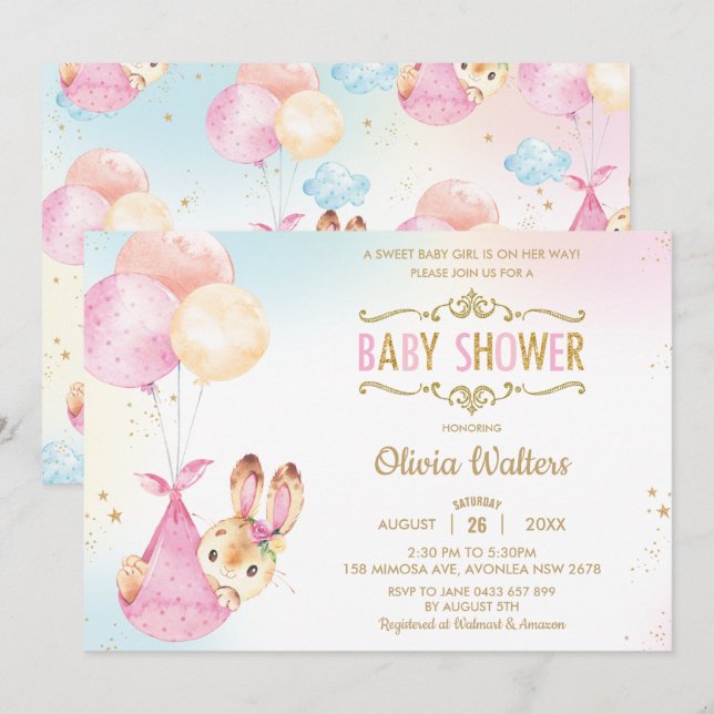 Cute Bunny Rabbit Balloons Baby Shower Girl Invitation (Front/Back)