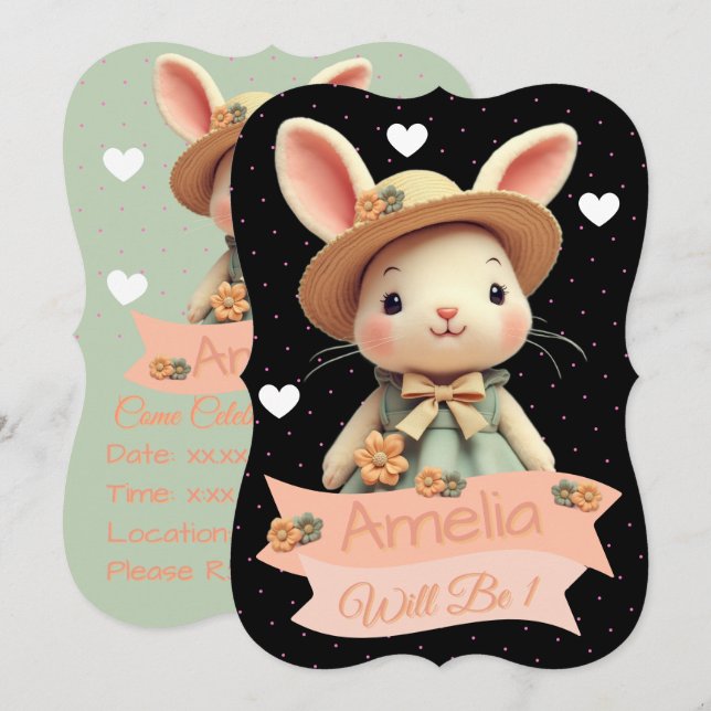 Cute Bunny Rabbit Birthday Invitation (Front/Back)