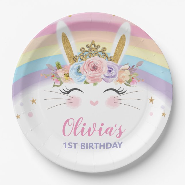 Cute Bunny Rabbit Birthday Party Paper Plate (Front)