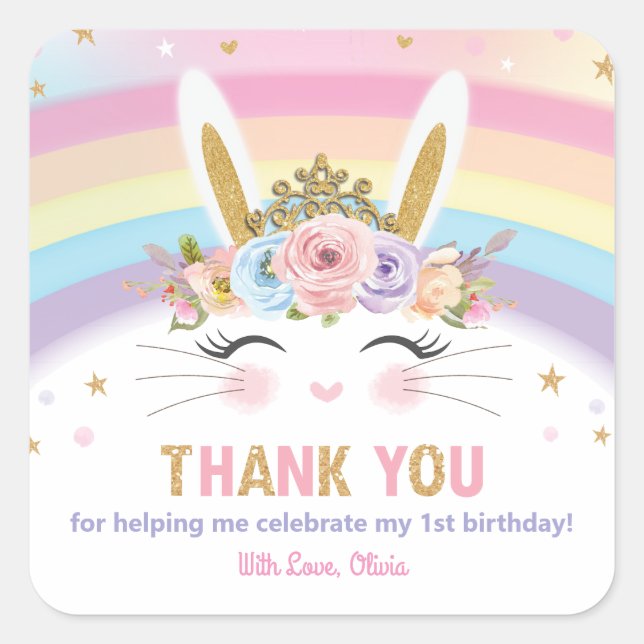 Cute Bunny Rabbit Birthday Thank You Favour Square Sticker (Front)