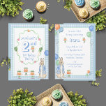 Cute Bunny Rabbit Blue 2nd Birthday Party Invitation<br><div class="desc">Cute Bunny Rabbit Blue 2nd birthday party invitation with carrot cakes and balloons.  Blue & white plaid frame with carrot and radish accents.  Perfect for the sweetest bunny first birthday party.</div>