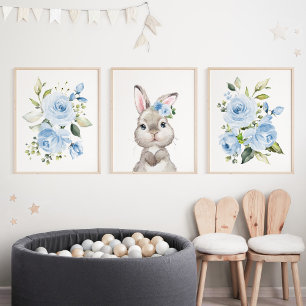 Cute Bunny, Rabbit, Blue Flowers, Boy Nursery