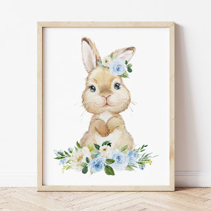 Cute Bunny, Rabbit, Blue Flowers, Boy Nursery Photo Print