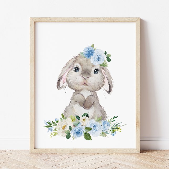 Cute Bunny, Rabbit, Blue Flowers, Boy Nursery Poster (Creator Uploaded)