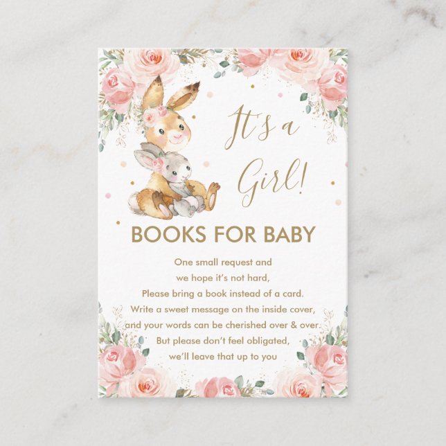 Cute Bunny Rabbit Blush Floral Books for Baby Enclosure Card (Front)