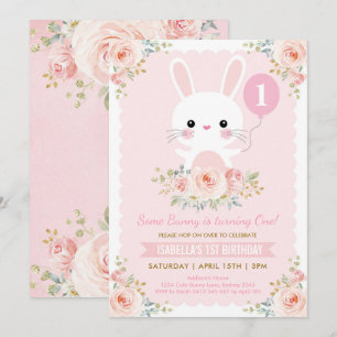 Cute Bunny Rabbit Blush Floral Easter Birthday Invitation