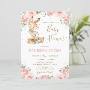 Cute Bunny Rabbit Blush Pink Floral Baby Shower Invitation