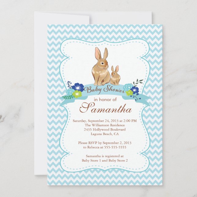 Cute Bunny Rabbit Boy Baby Shower Invitations (Front)