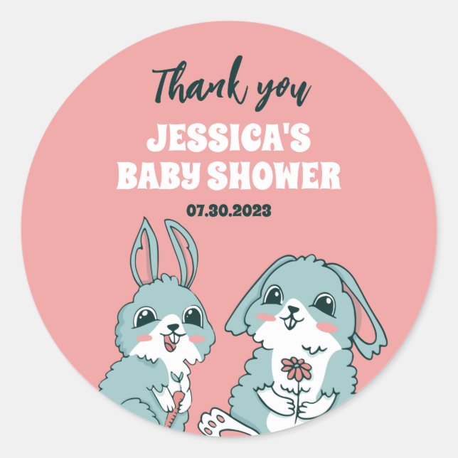 Cute Bunny Rabbit Cartoon Baby Shower Classic Round Sticker (Front)