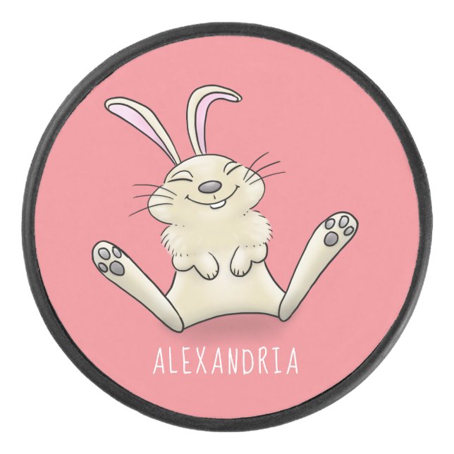 Cute bunny rabbit cartoon illustration hockey puck (Front)