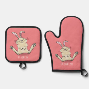 Cute bunny rabbit cartoon illustration oven mitt & pot holder set