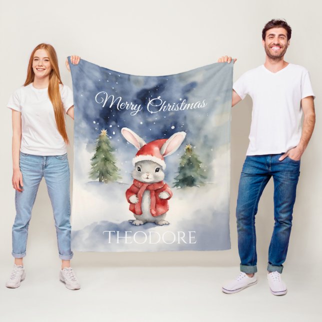 Cute Bunny Rabbit Christmas Fleece Blanket (In Situ)