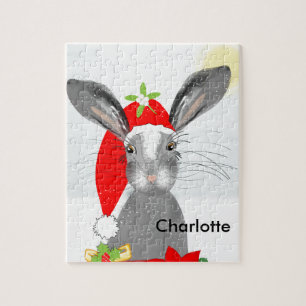 Cute Bunny Rabbit Christmas Holiday Theme Jigsaw Puzzle
