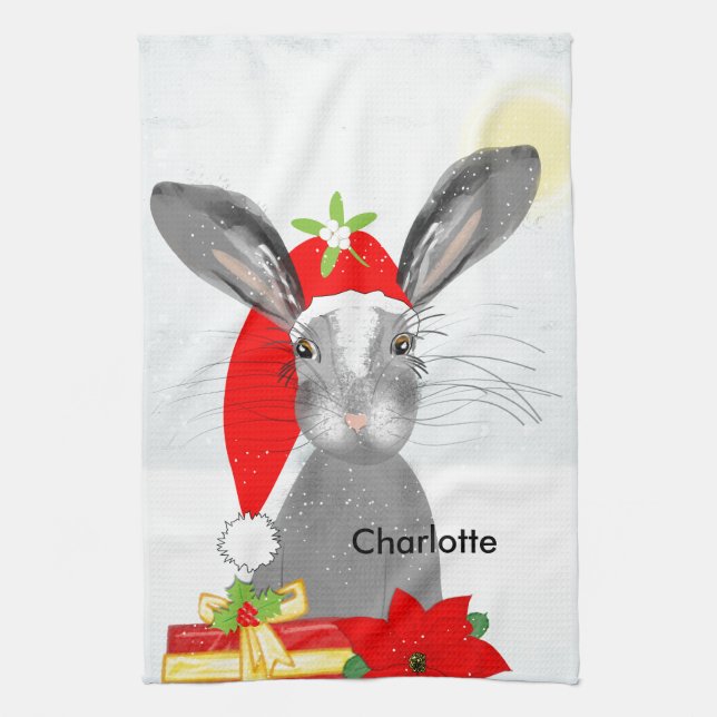 Cute Bunny Rabbit Christmas Holiday Theme Tea Towel (Vertical)