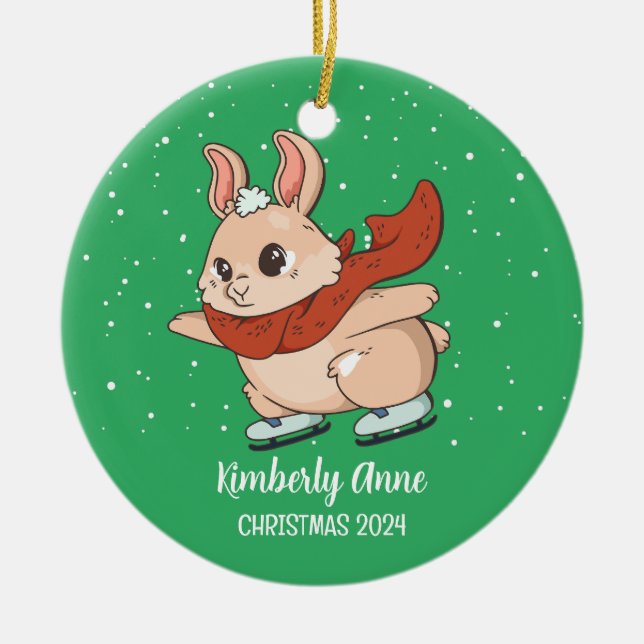 Cute Bunny Rabbit Christmas Snowy Winter Holiday Ceramic Tree Decoration (Front)