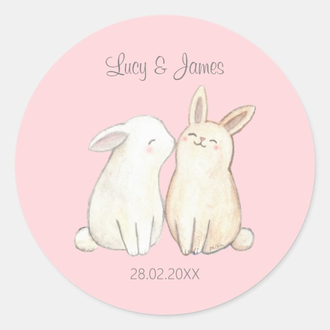 Cute Bunny rabbit Couple Unique Wedding Favor Gift Classic Round Sticker (Front)