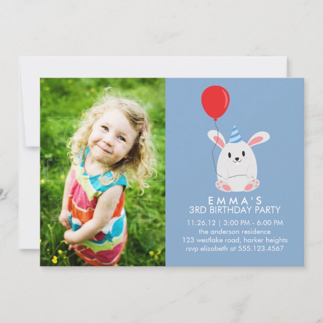 Cute Bunny Rabbit Custom Photo Birthday Party Invitation (Front)