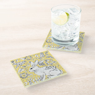 Cute Bunny Rabbit Drawing on Yellow, Bird Floral Glass Coaster