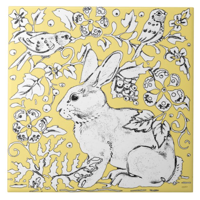 Cute Bunny Rabbit Drawing on Yellow, Bird Floral Tile (Front)