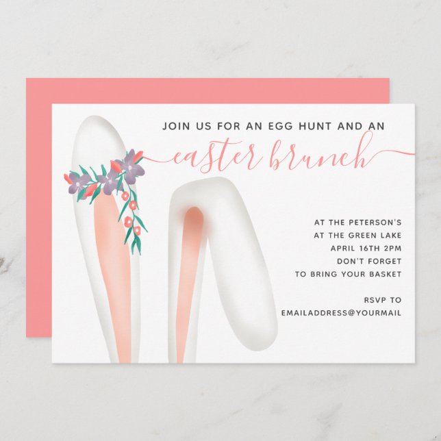 Cute bunny rabbit ear coral brunch egg hunt Easter Invitation (Front/Back)