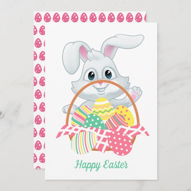 Cute Bunny Rabbit Easter Eggs Basket  Holiday Card (Front/Back)