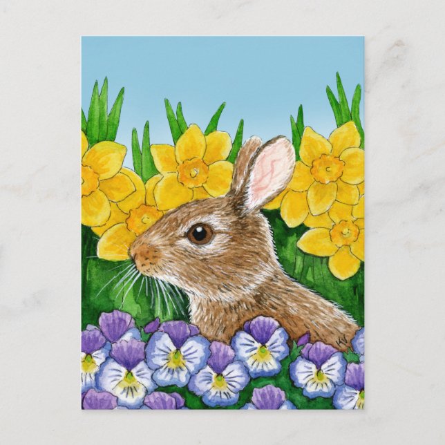 Cute bunny rabbit Easter Spring flowers postcard (Front)