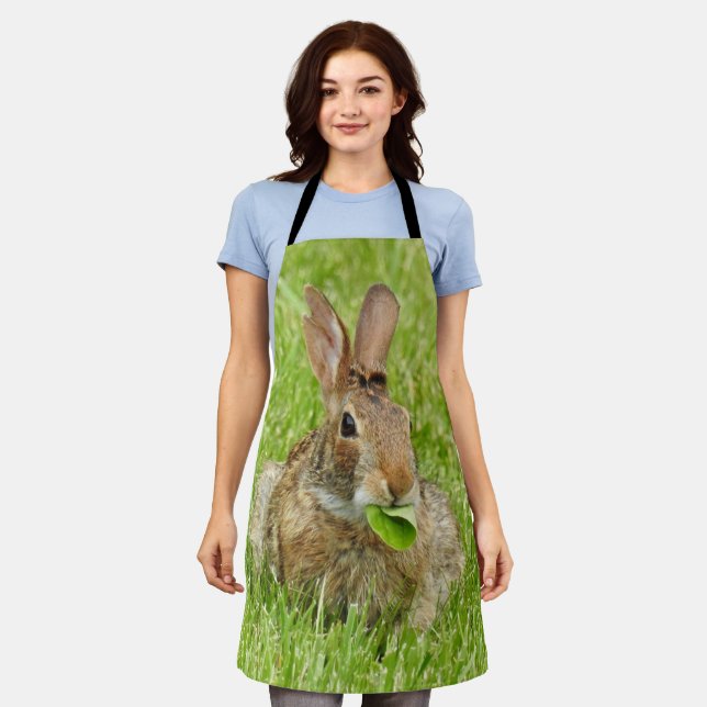 Cute Bunny Rabbit Eating Leaves Green Grass Apron (Worn)