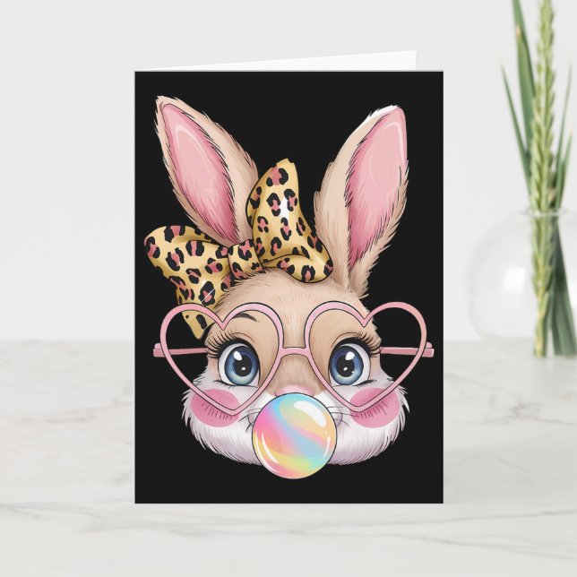 Cute Bunny Rabbit Face Leopard Bow Girls Happy Eas Card (Front)