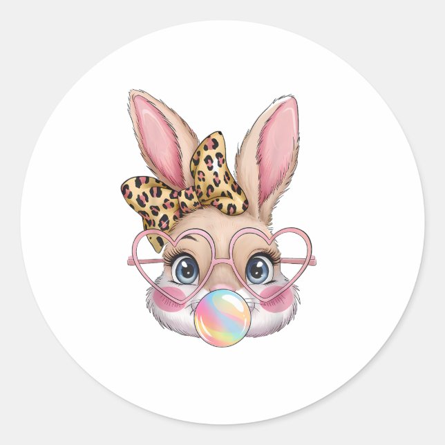Cute Bunny Rabbit Face Leopard Bow Girls Happy Eas Classic Round Sticker (Front)