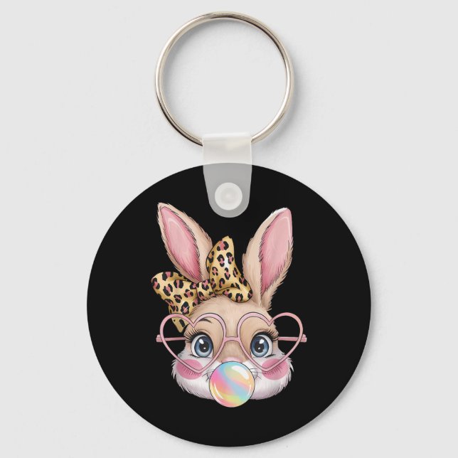 Cute Bunny Rabbit Face Leopard Bow Girls Happy Eas Key Ring (Front)