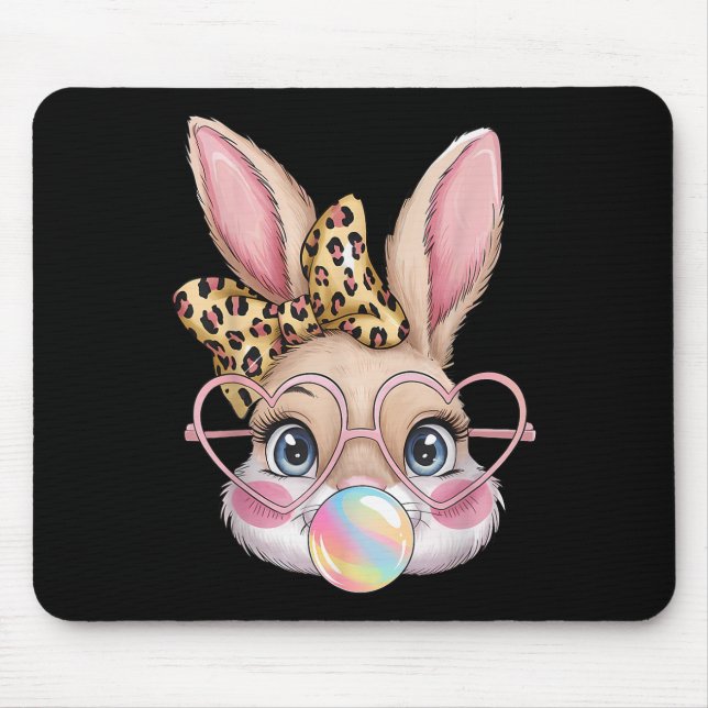 Cute Bunny Rabbit Face Leopard Bow Girls Happy Eas Mouse Mat (Front)
