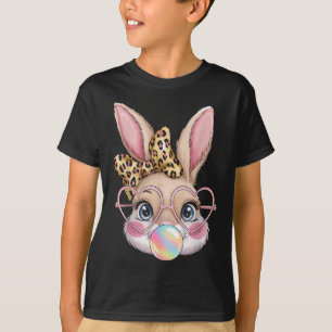 Cute Bunny Rabbit Face Leopard Bow Girls Happy Eas T-Shirt