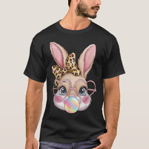 Cute Bunny Rabbit Face Leopard Bow Girls Happy Eas T-Shirt