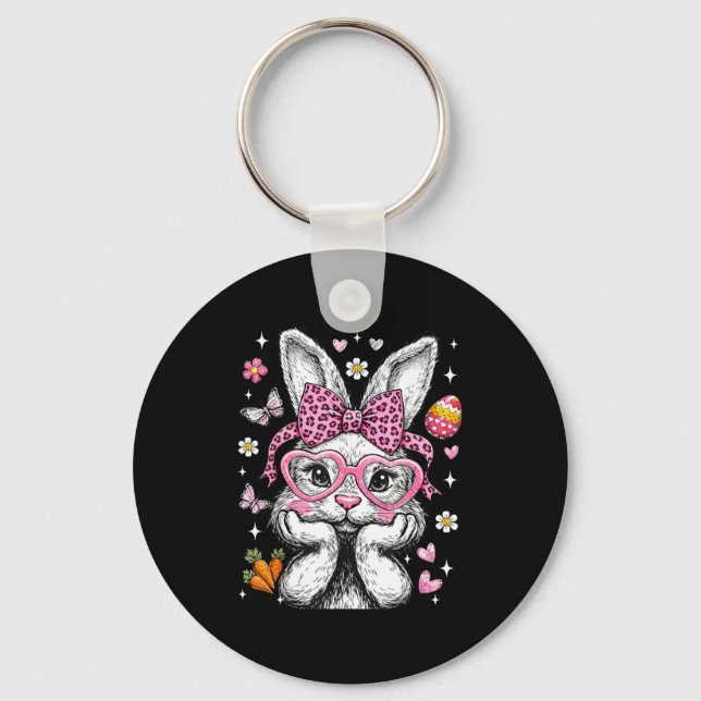 Cute bunny rabbit face leopard coquette bow easter key ring (Front)