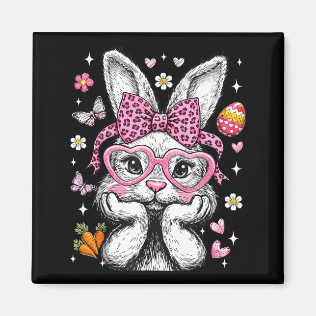 Cute bunny rabbit face leopard coquette bow easter magnet (Front)