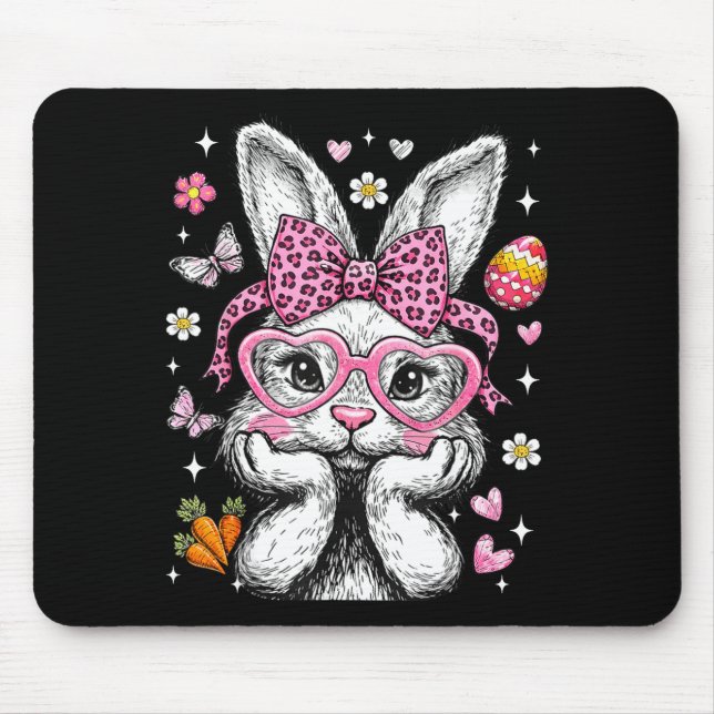 Cute bunny rabbit face leopard coquette bow easter mouse mat (Front)