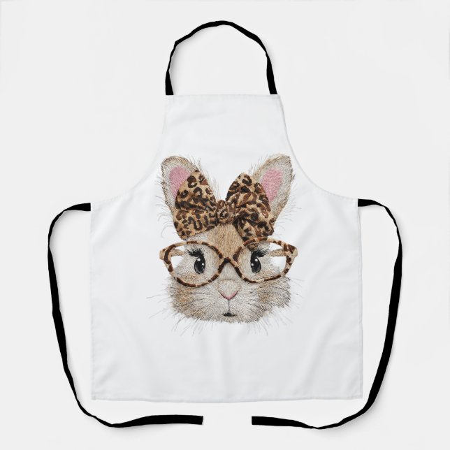 Cute Bunny Rabbit Face Leopard Coquette Bow Glasse Apron (Front)