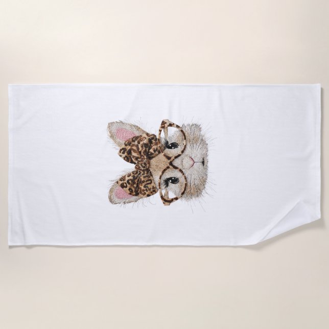 Cute Bunny Rabbit Face Leopard Coquette Bow Glasse Beach Towel (Front)