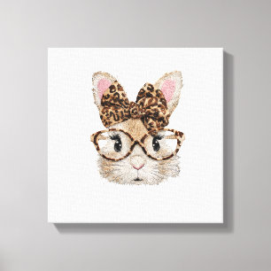 Cute Bunny Rabbit Face Leopard Coquette Bow Glasse Canvas Print