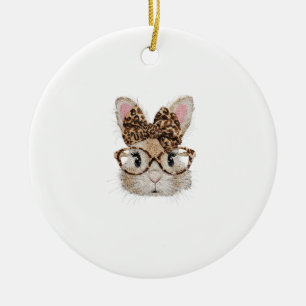 Cute Bunny Rabbit Face Leopard Coquette Bow Glasse Ceramic Tree Decoration