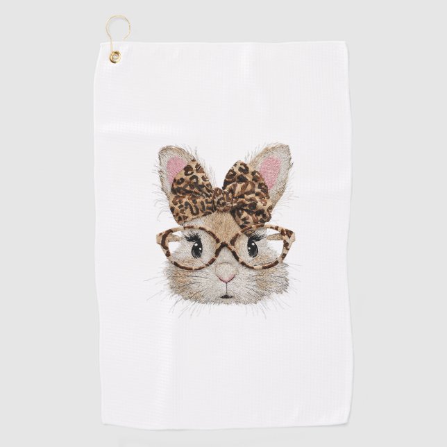Cute Bunny Rabbit Face Leopard Coquette Bow Glasse Golf Towel (Front)