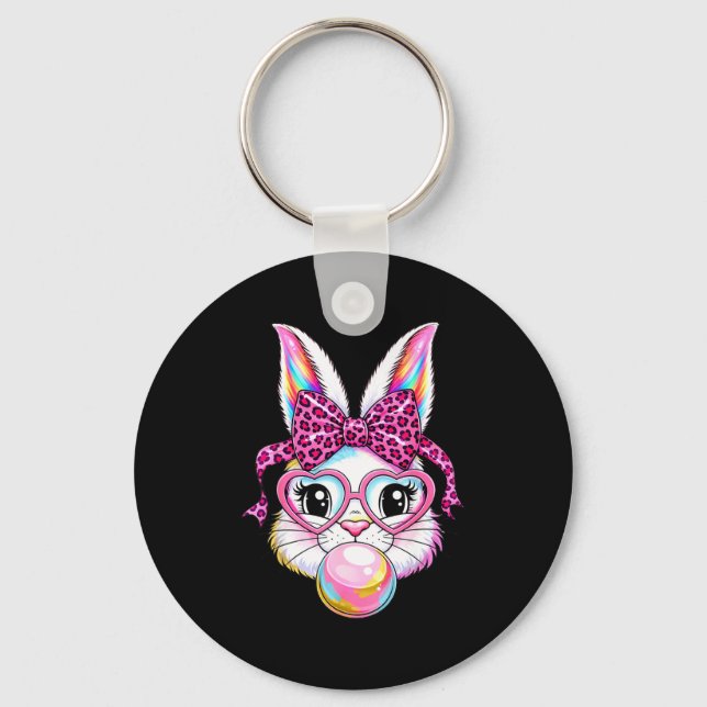 Cute bunny rabbit face leopard coquette bow glasse key ring (Front)