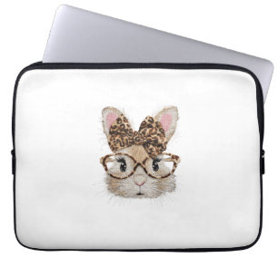 Cute Bunny Rabbit Face Leopard Coquette Bow Glasse Laptop Sleeve